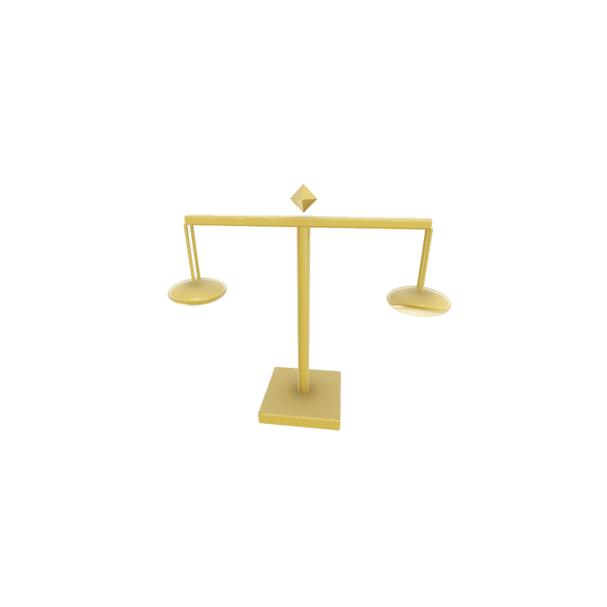 The Golden Balance — pans level, the restored mark as its finial